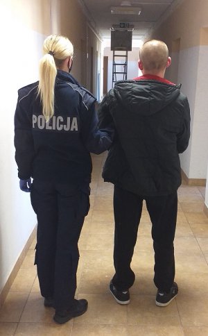 policjantka podczas doprowadzania zatrzymanego