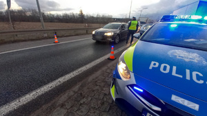 radiowóz policyjny i policjant na drodze