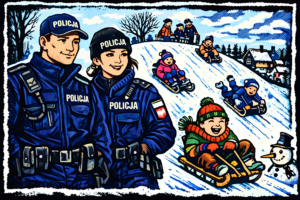 grafika rysunkowa policjantka i policjant przy górce, z której dzieci zjeżdżają na sankach