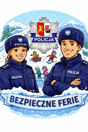 grafika rysunkowa przedstawiająca dwoje policjantów a w tle dzieci zjeżdżające na sankach z górki i ślizgające się na łyżwach