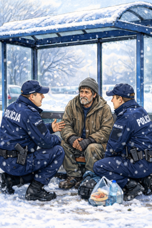 grafika przedstawiająca policjantów rozmawiających z męźczyzną