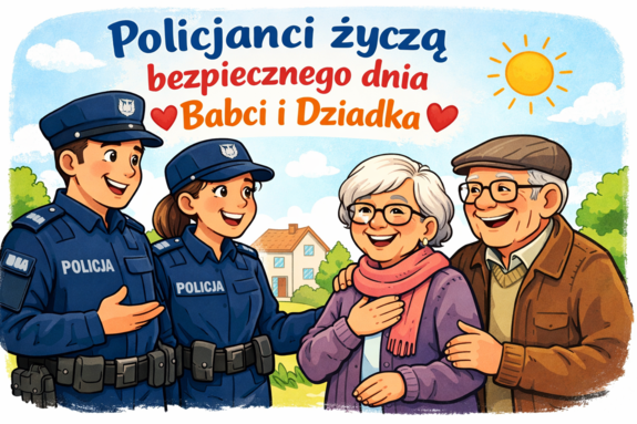 grafika przedstawiająca policjantów i dwoje starszych ludzi